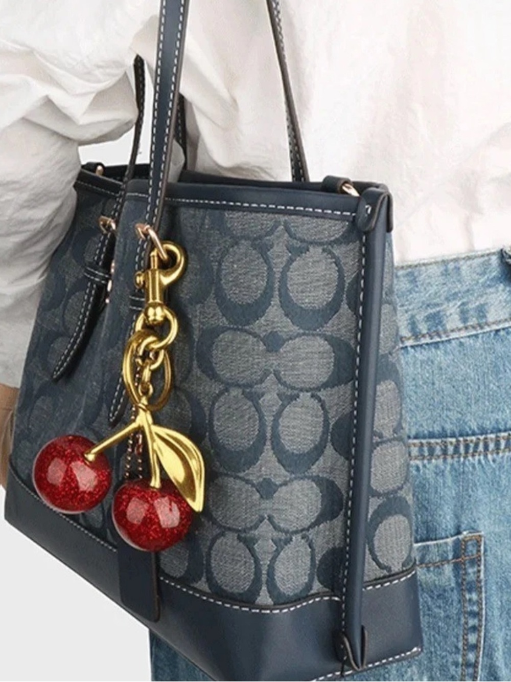 COACH Gold Cherry Keychain with Glitter Red Cherries - Picture 6 of 10